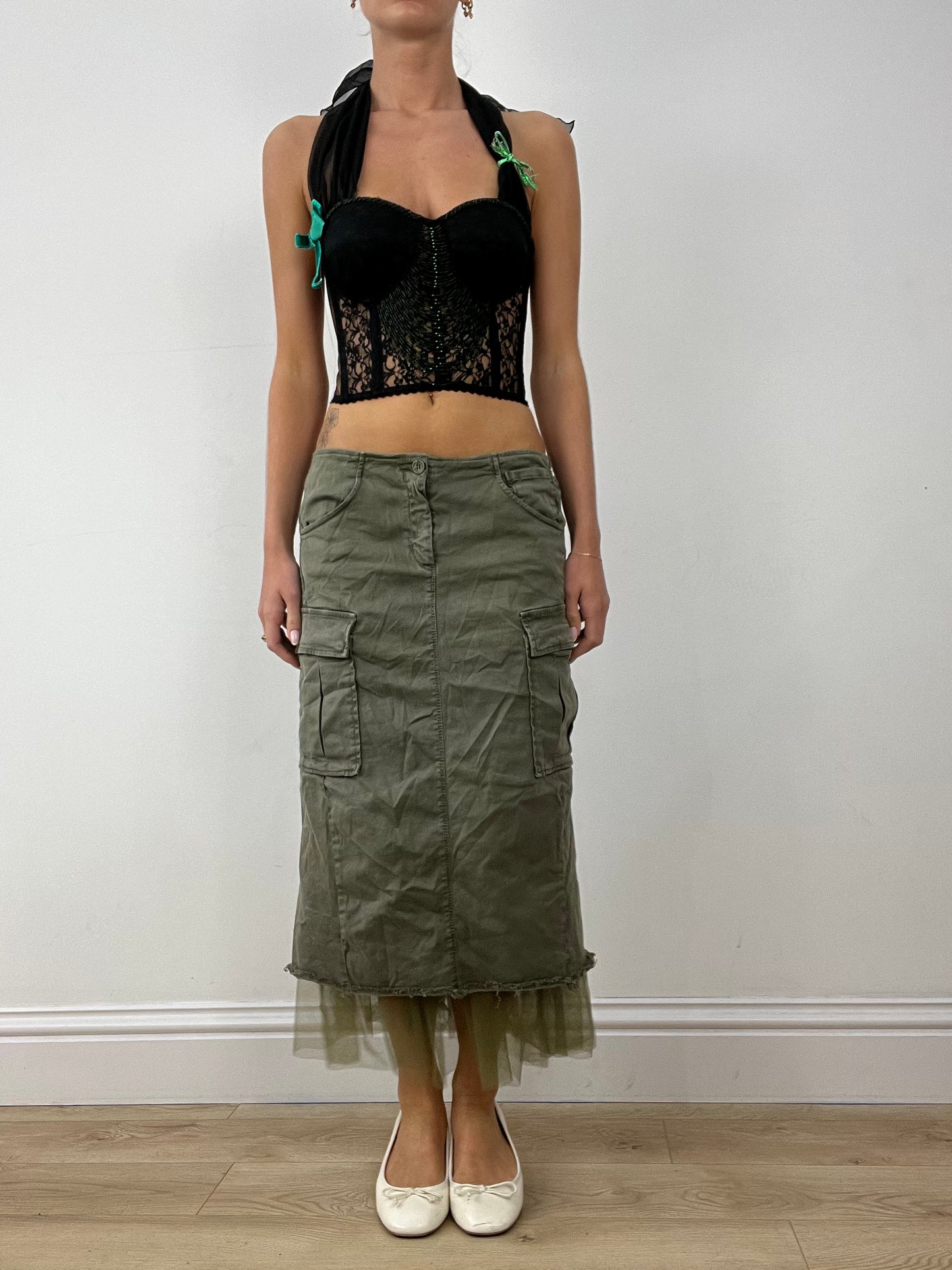 💻HALLOWEEN | medium khaki denim and mesh maxi skirt