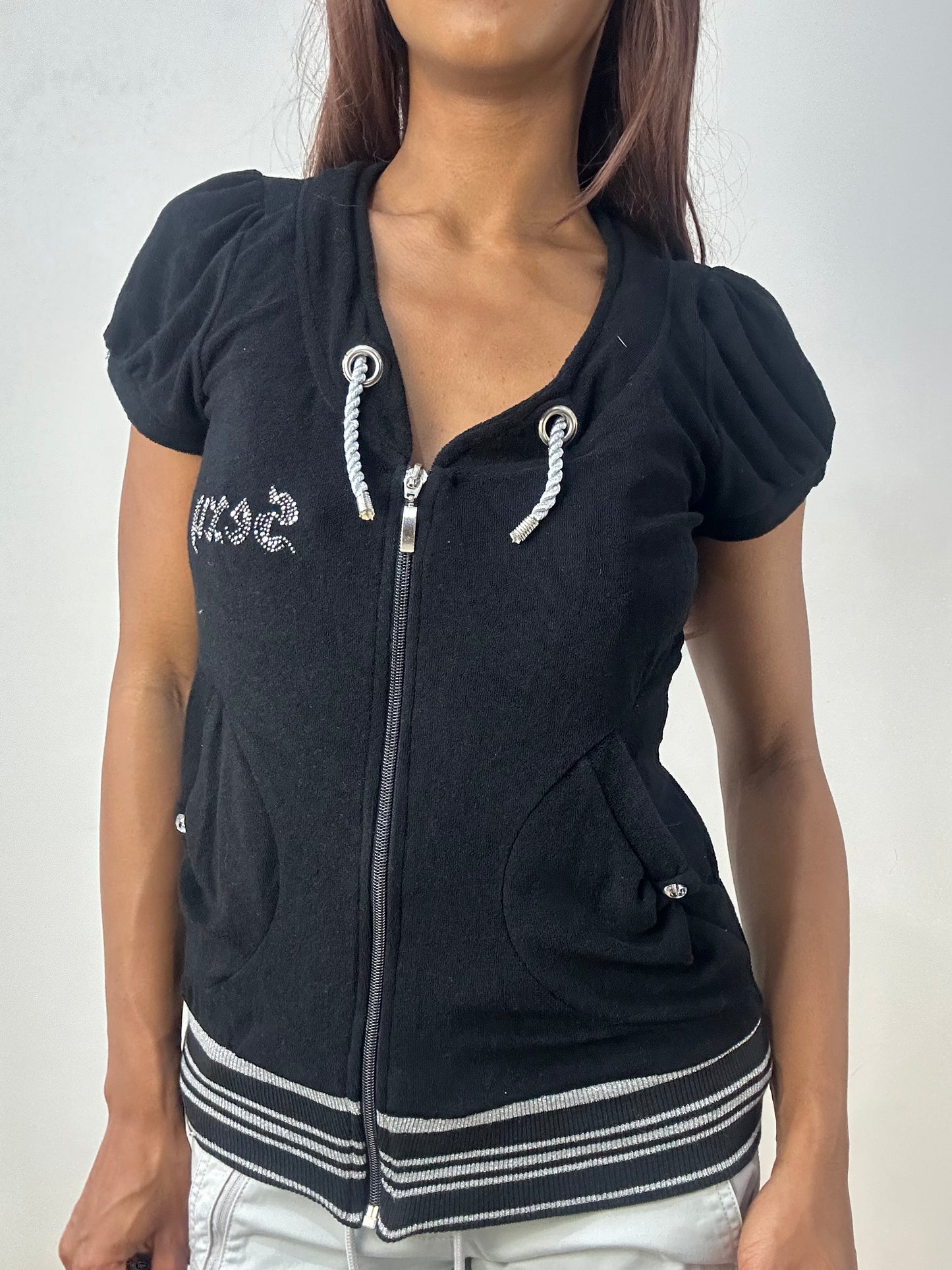 vintage edit thirty-three | small black towelling hoodie with capped sleeves