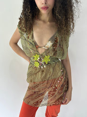 festival drop | Pequeno verde de cera embroideria profunda v pescoço vestido superior das mulheres
