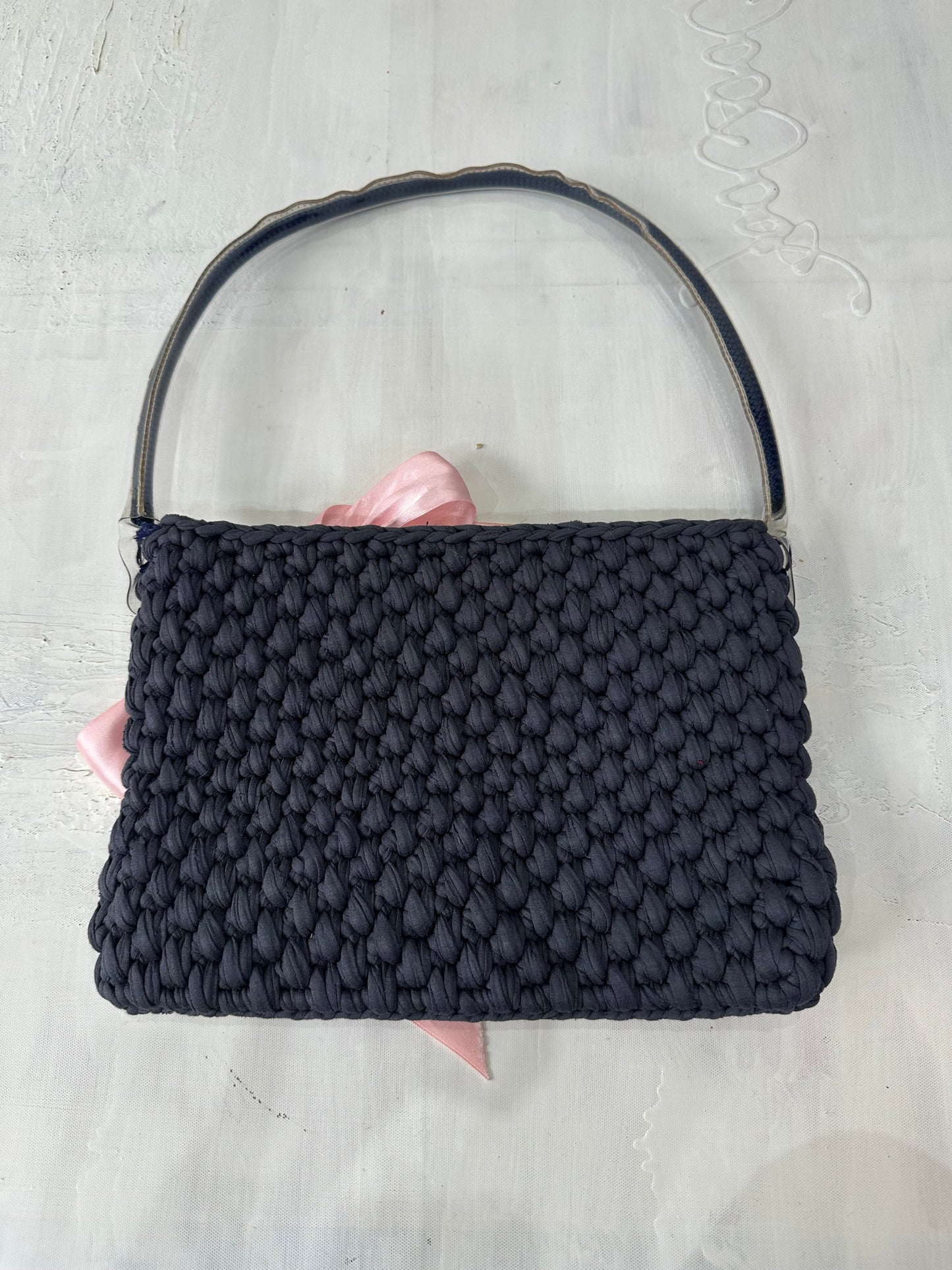 vintage edit: halloween | blue crochet shoulder bag with pink ribbon detail