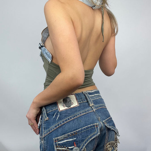 💻PARIS HILTON DROP | small green graphic halterneck top with denim straps