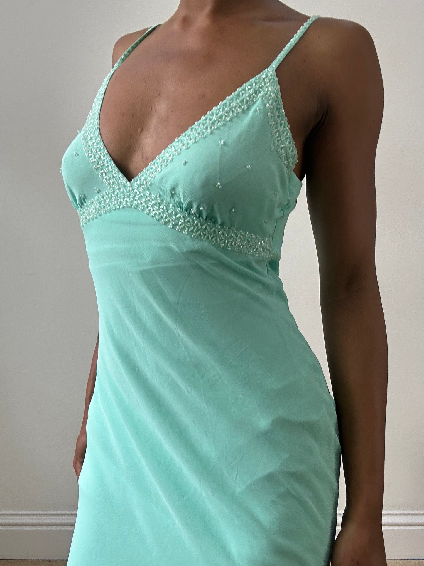 vintage edit twenty-nine | small teal blue midi dress with beading detail