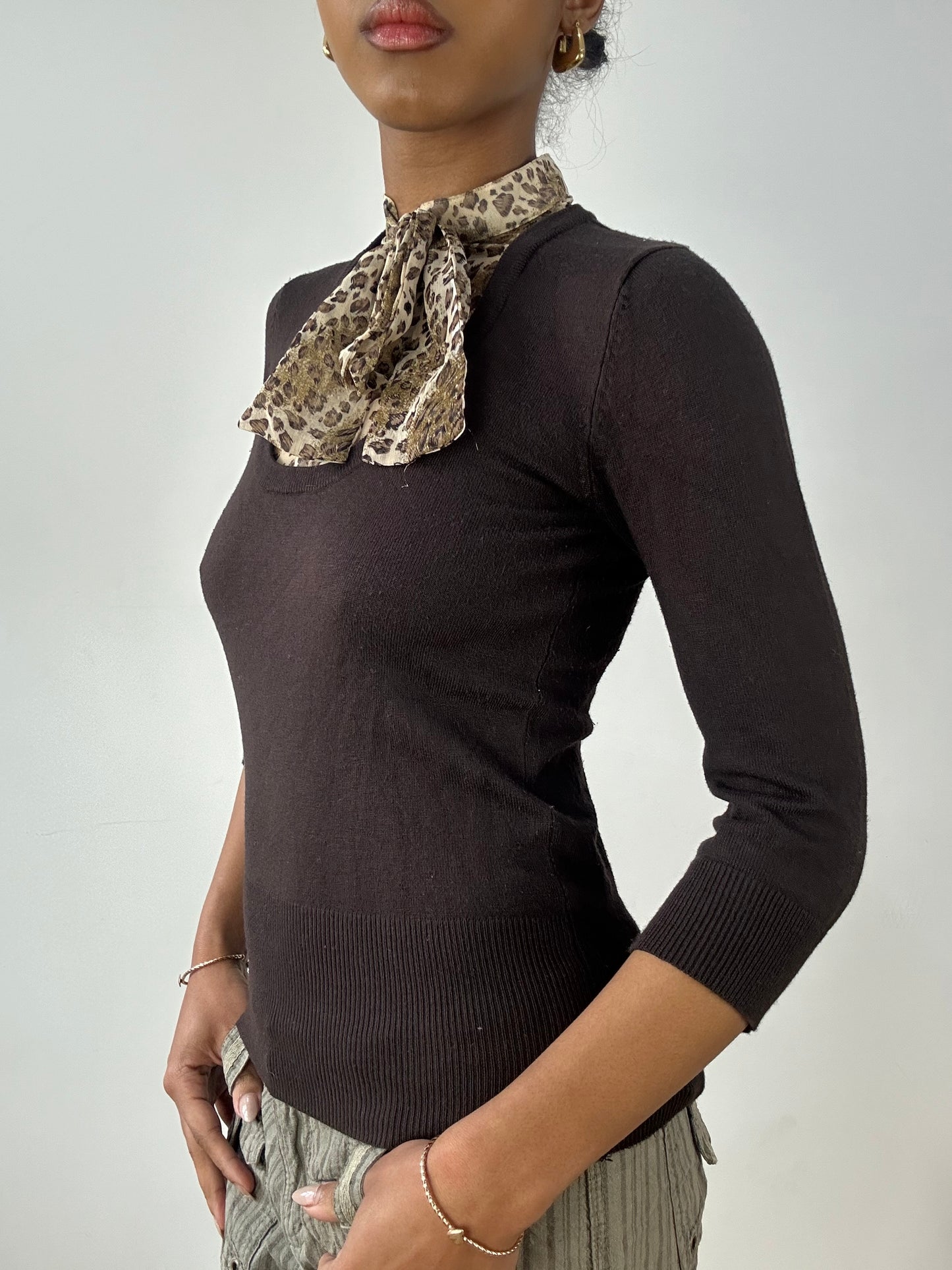 vintage edit fifteen | small brown knit jumper with built in leopard vest
