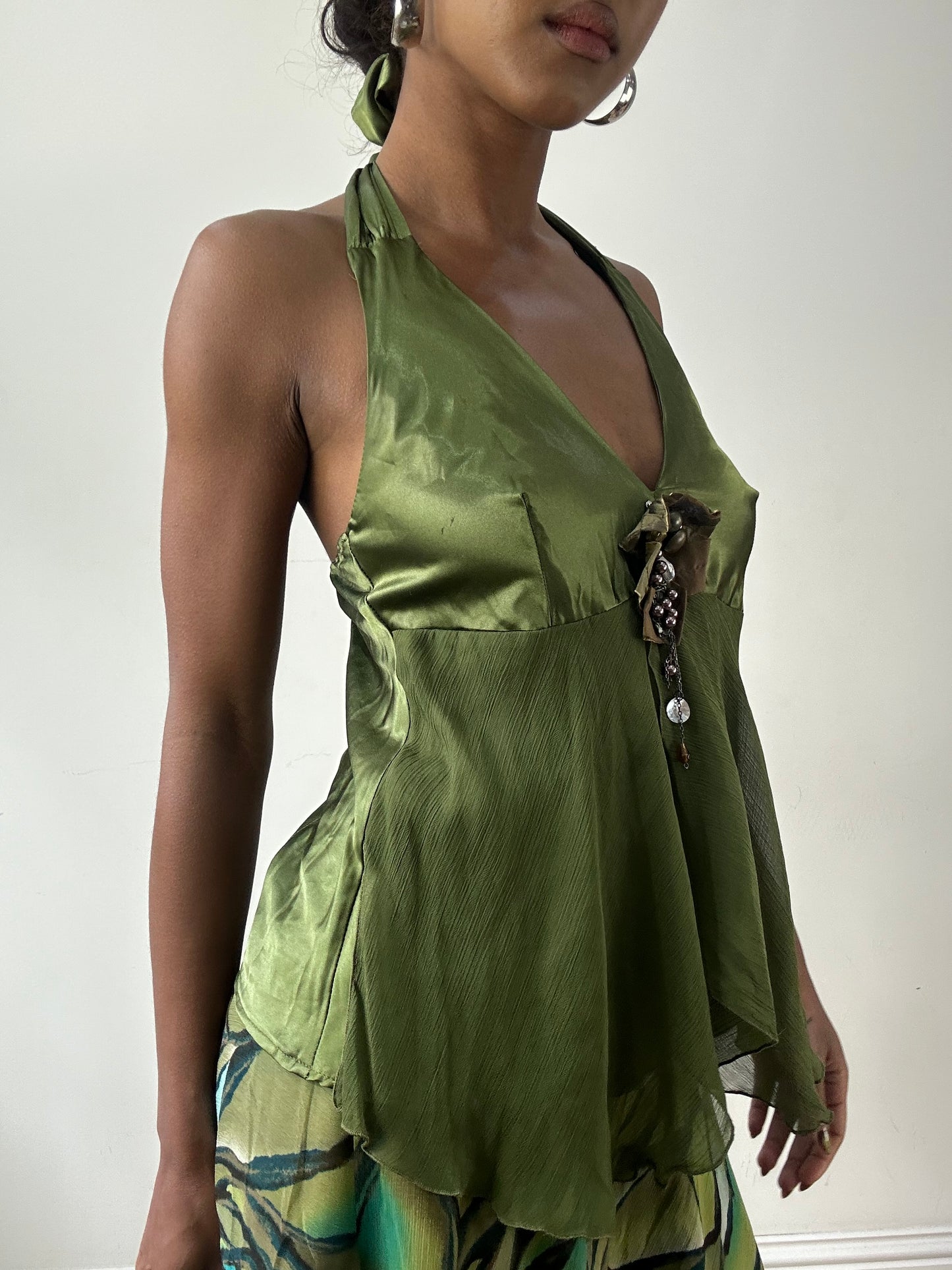 LFW edit | medium green halterneck top with 3D flower detail