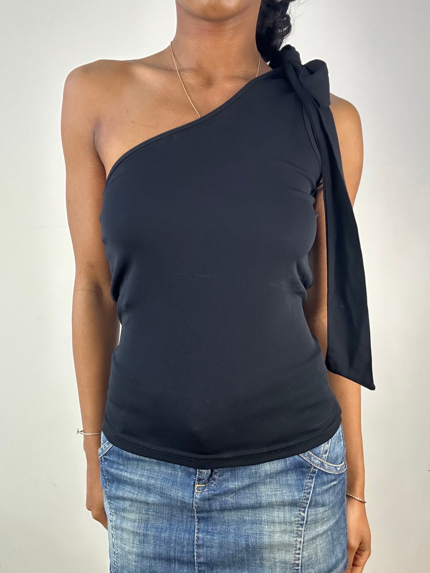 vintage edit: tops | small black asymmetric one shoulder tie up top
