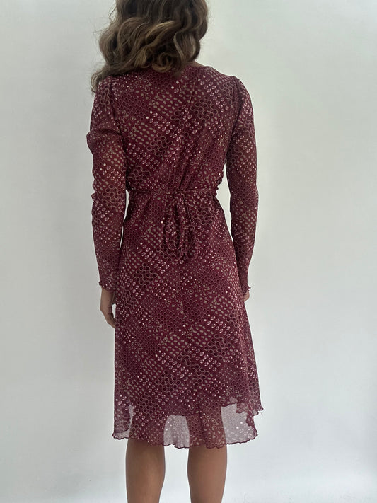 wedding guest drop | medium burgundy patterned midi dress