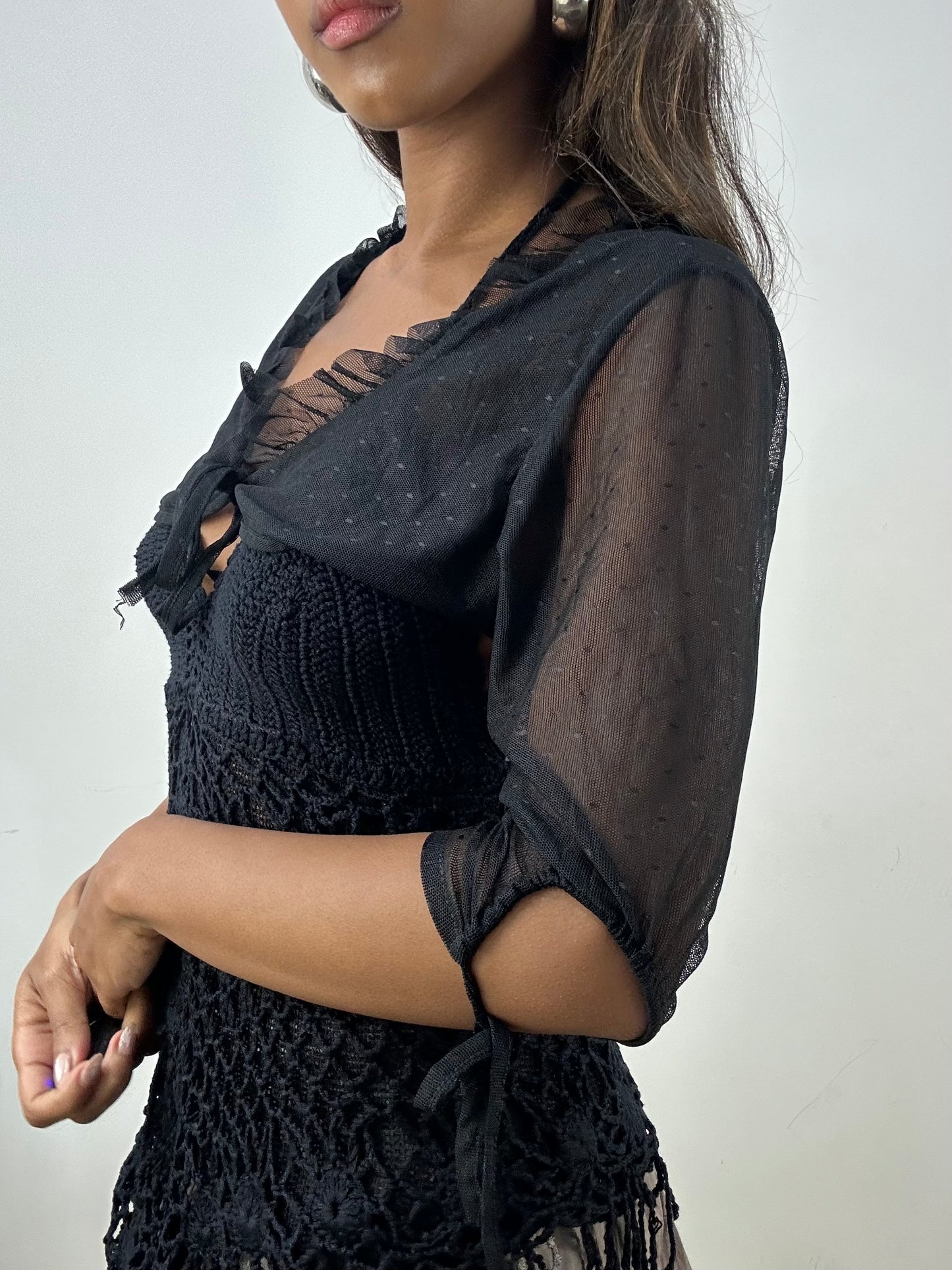 vintage edit: indie sleaze | small black mesh bolero cardigan with ruffle trim