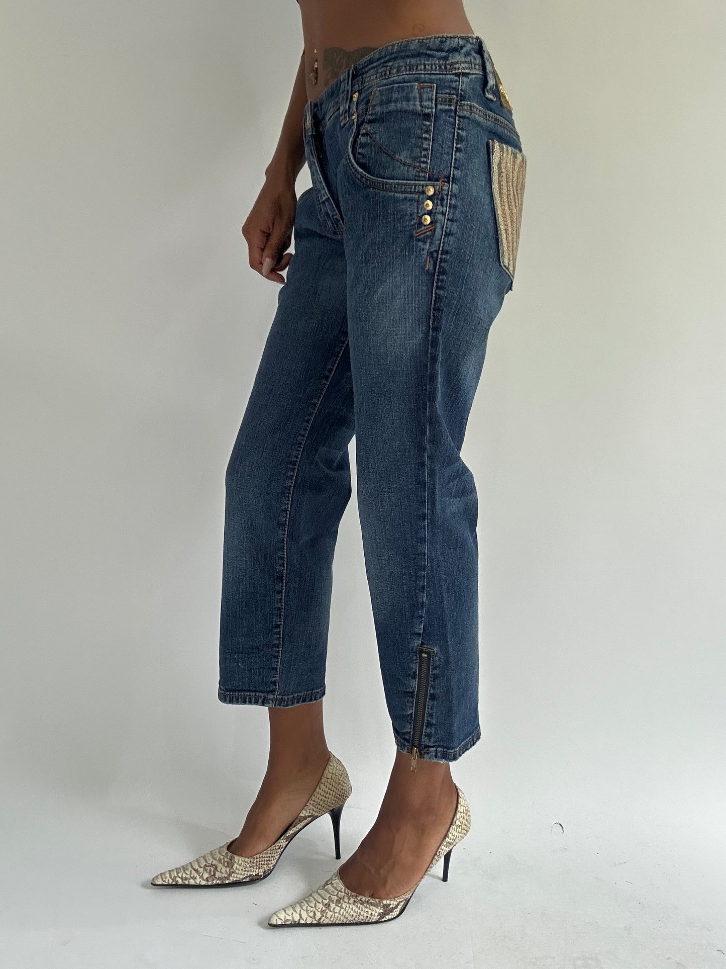 euro trash | medium blue denim cropped jeans with gold zebra detail pockets