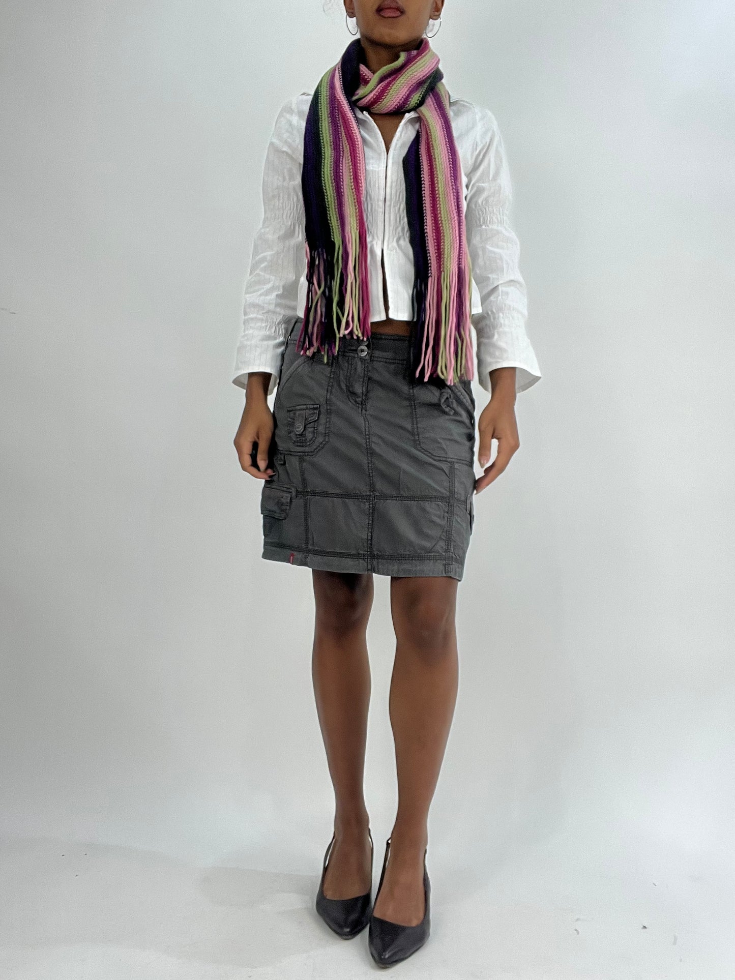 vintage edit thirty-five | green and pink striped tassel scarf