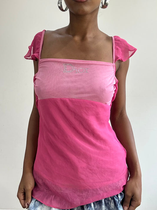 🧼vintage editar treinta y uno | pequeño rosa christian dior mesh superpuesto top