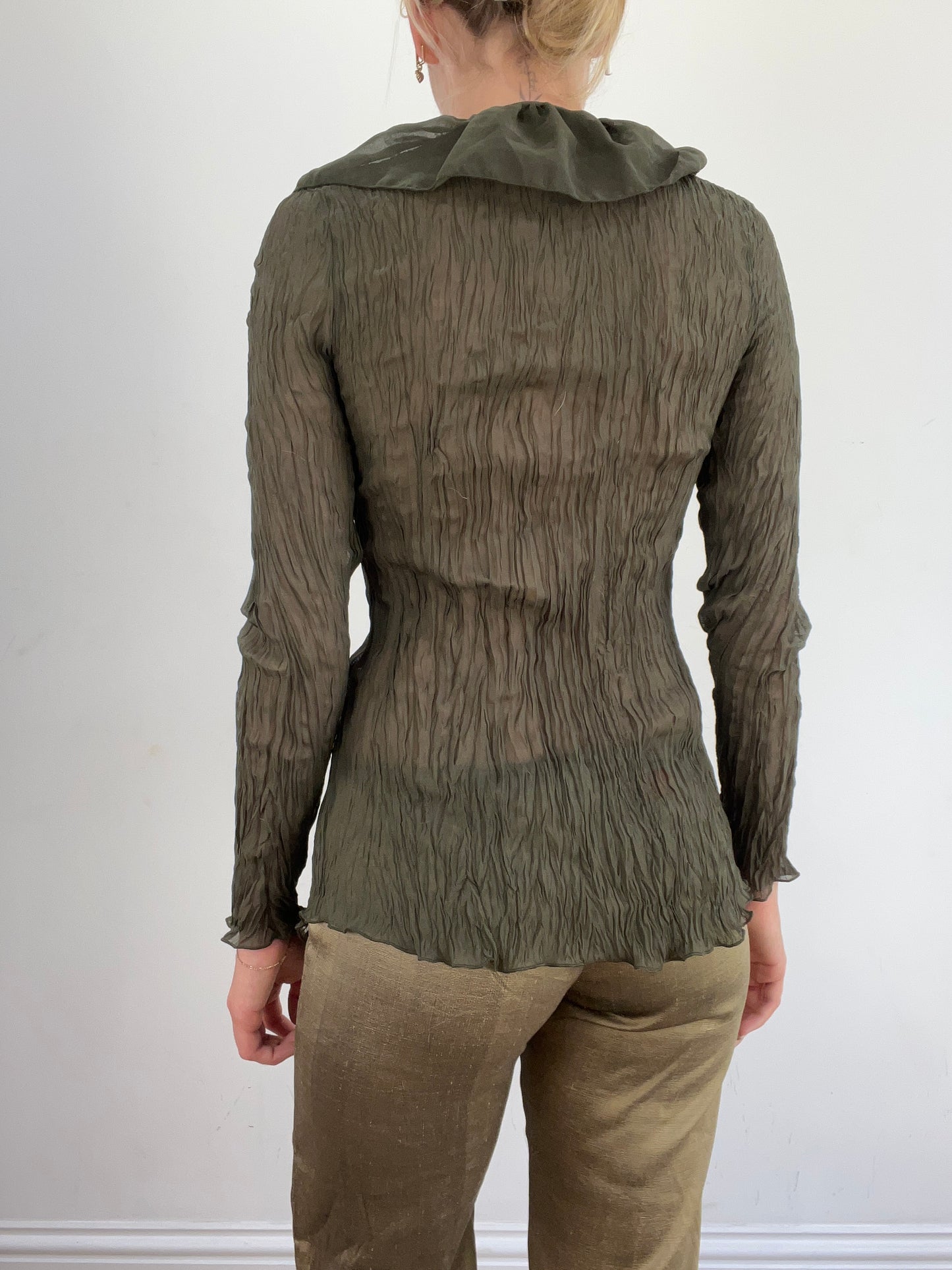 summer edit | medium green semi sheer mesh shirt with ruffle detail