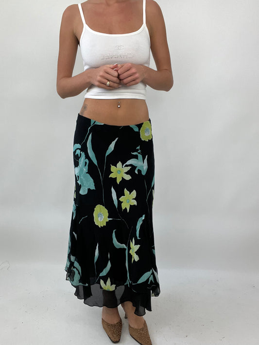 PALM BEACH DROP | small black maxi skirt with green and blue floral print