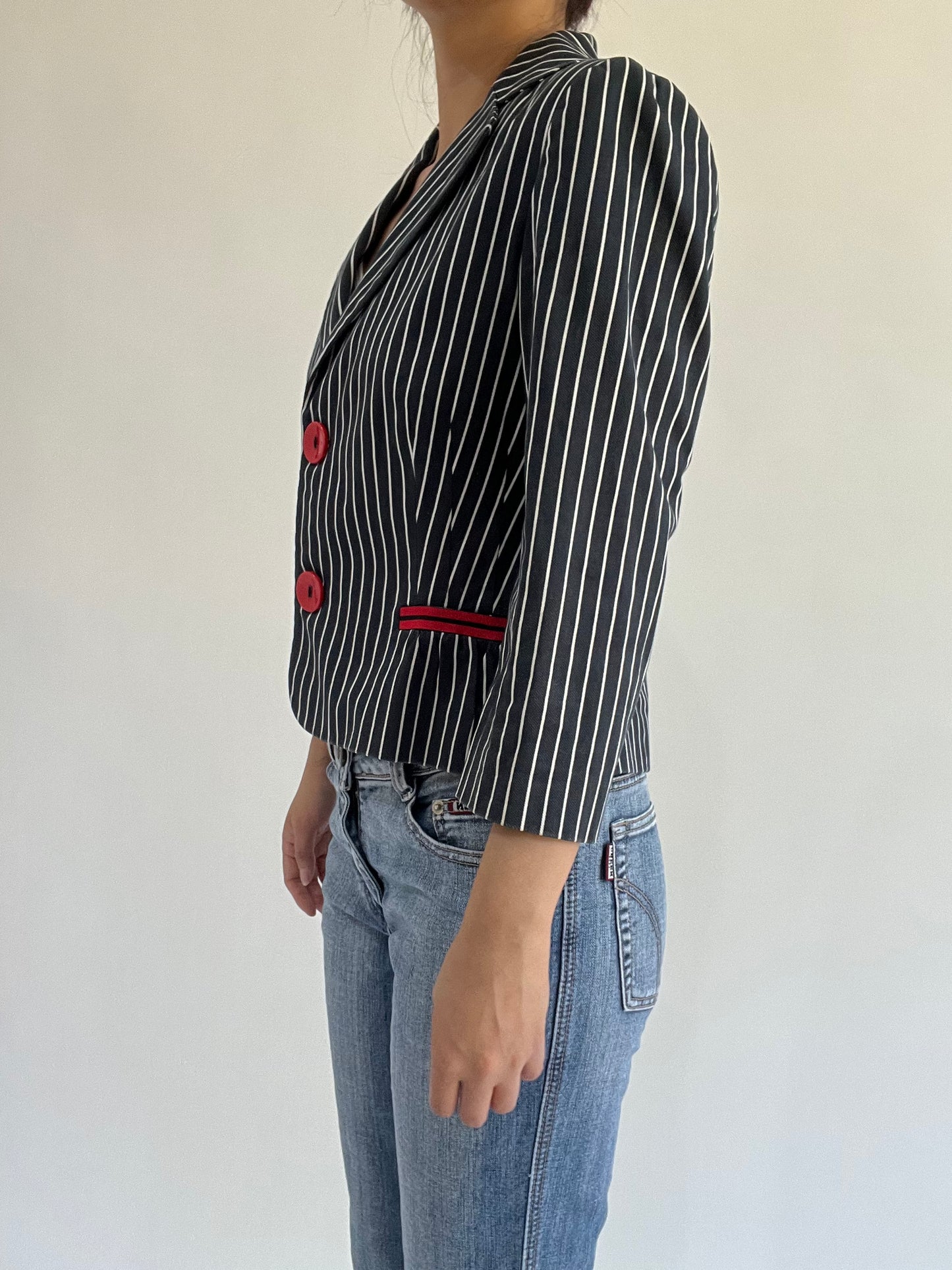 autumn picks |small navy suit style jacket with pinstripe print