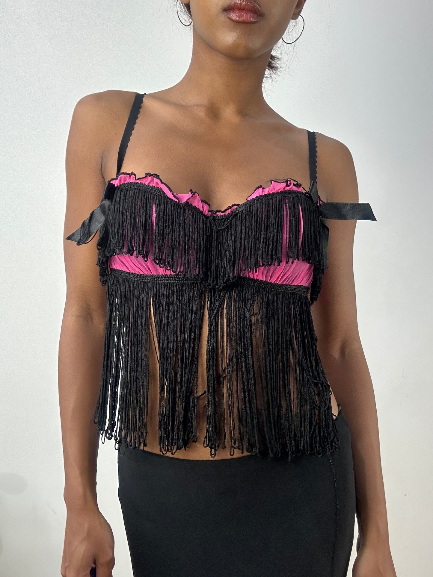 BEST PICKS | medium black and pink fringe bra and underwear set