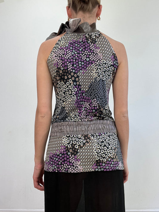 vintage edit: wedding guest | medium grey and purple high neck top with floral print