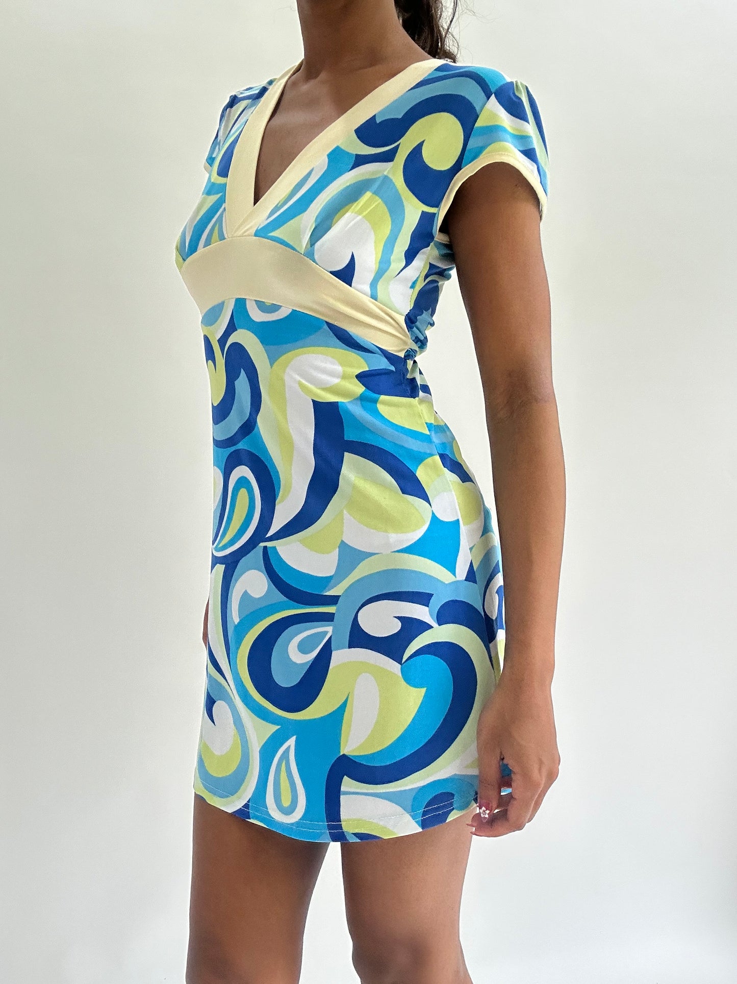 zara larsson drop | small blue swirl pattern mini dress
