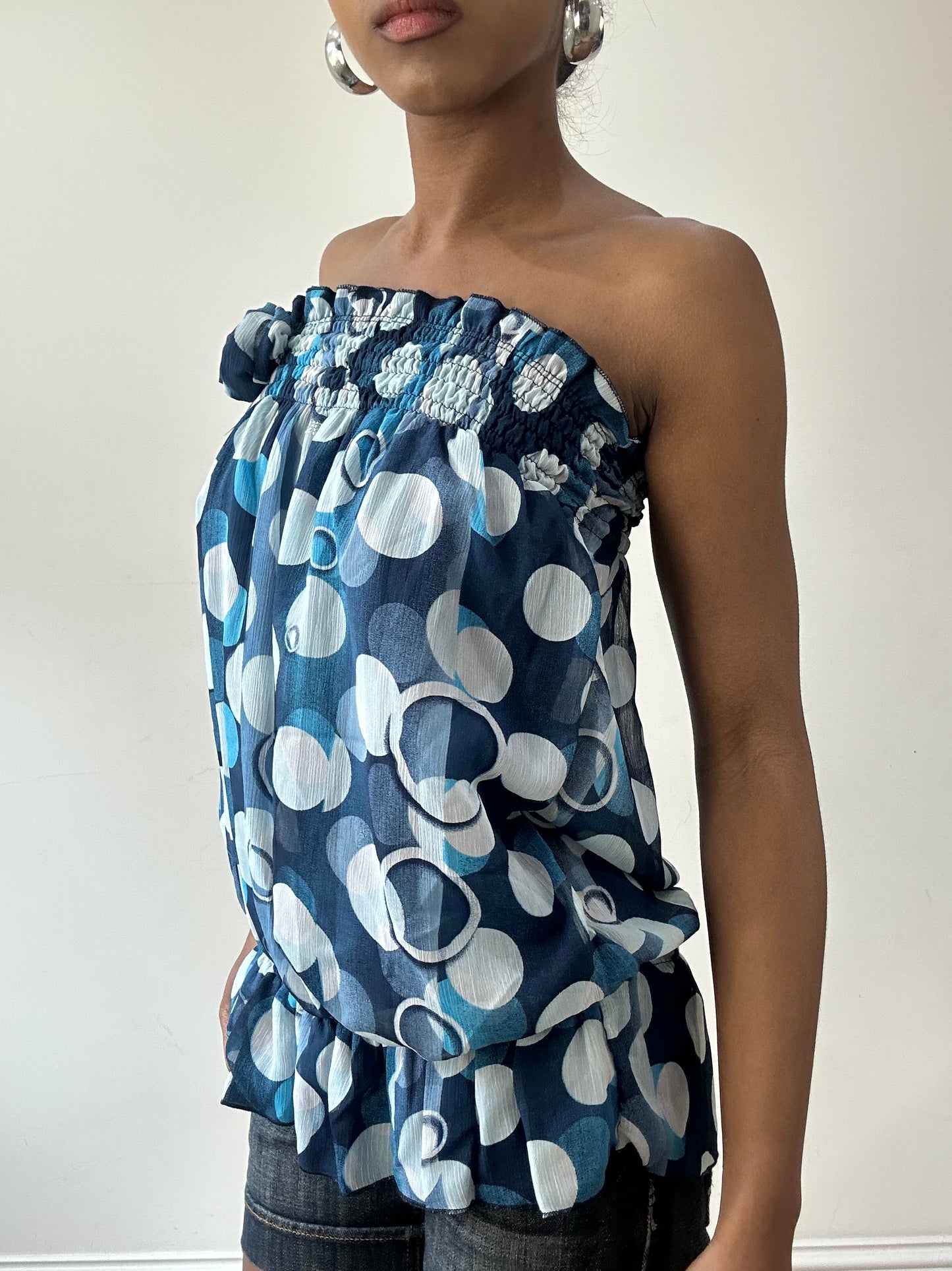 vintage edit thirty-one | small blue and white bandeau top with circle print