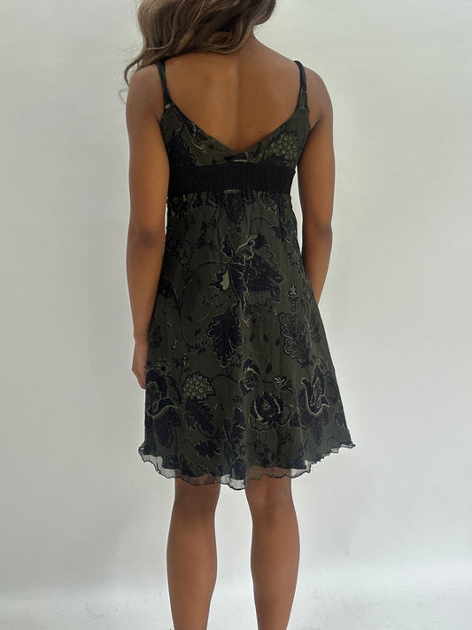 wedding guest drop | small dark khaki patterned mini dress