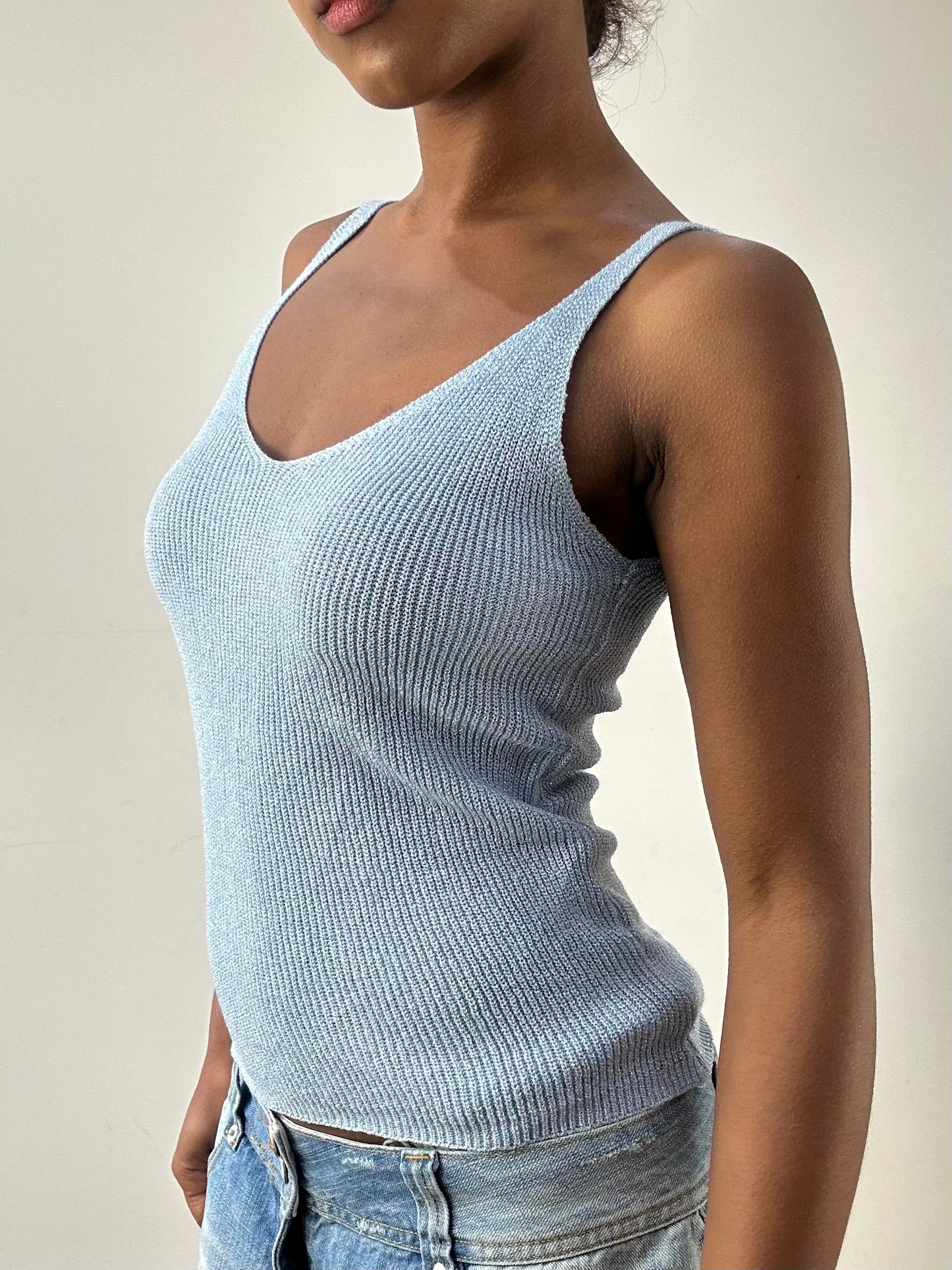 LFW edit | small blue knit tank top with glitter thread