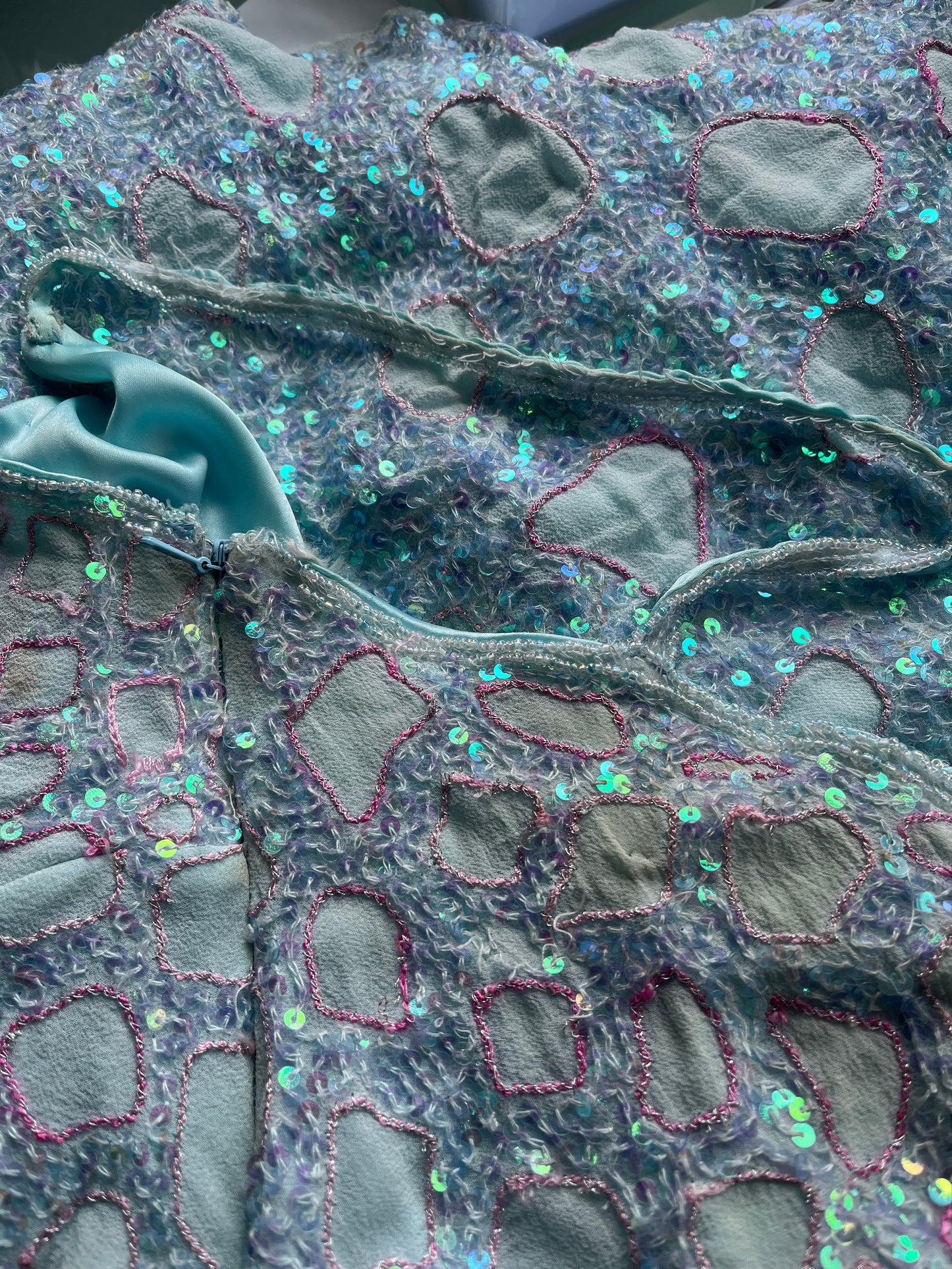 💻 BEST PICKS, FESTIVAL | XS blue and pink 100% silk embroidered sequin mini dress