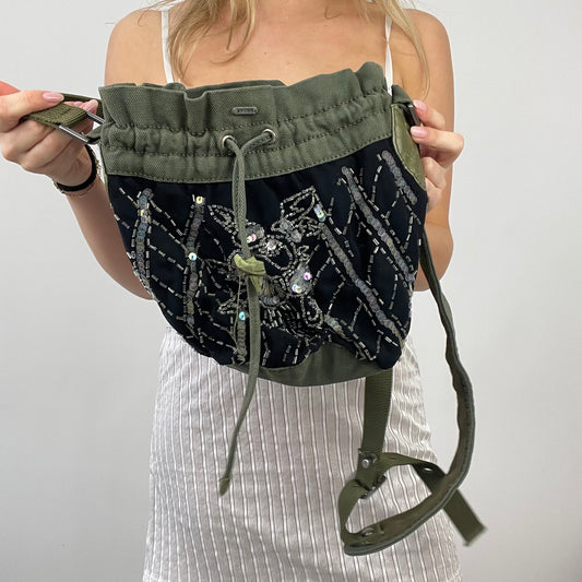 ETHEREAL GIRL DROP | green and black crossbody bucket bag with sequins