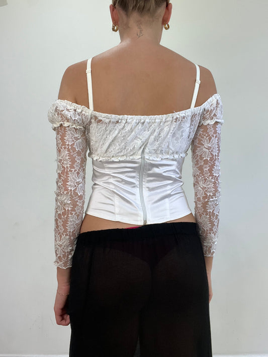 vintage edit: wedding guest | small white shirt with lace sleeve overlay and cut out detail