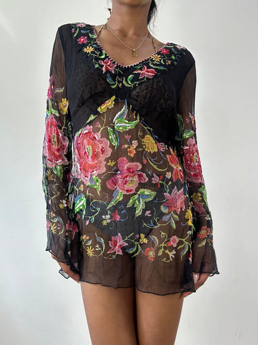 vintage edit twenty-one | small black mesh overlay floral mini dress