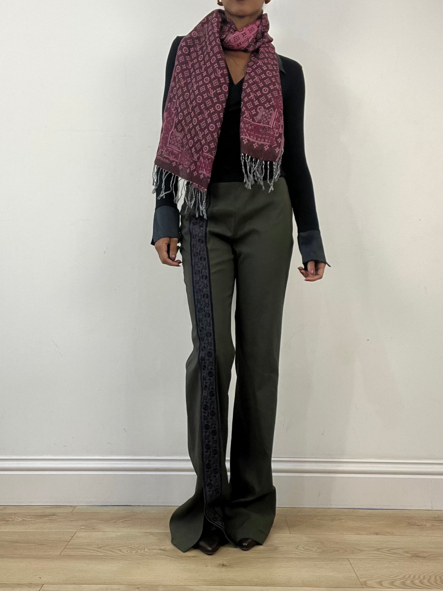 winter edit | pink and brown louis vuitton tassel scarf with monogram print