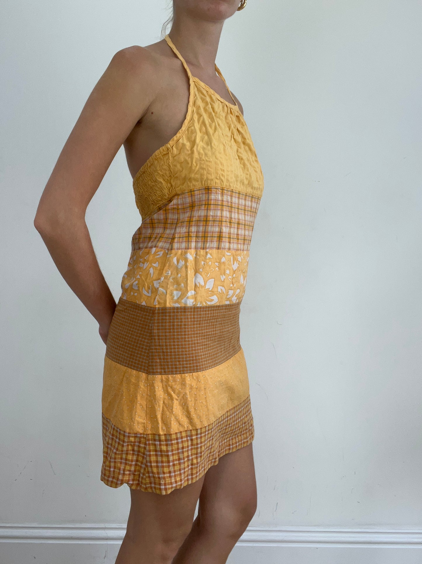 vintage edit twenty eight | extra small orange halterneck dress with panel prints