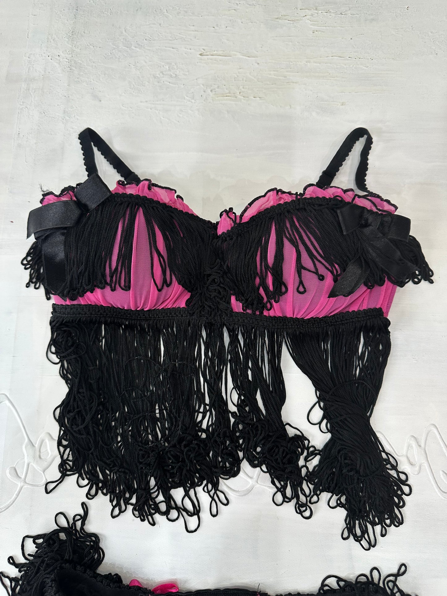 BEST PICKS | medium black and pink fringe bra and underwear set