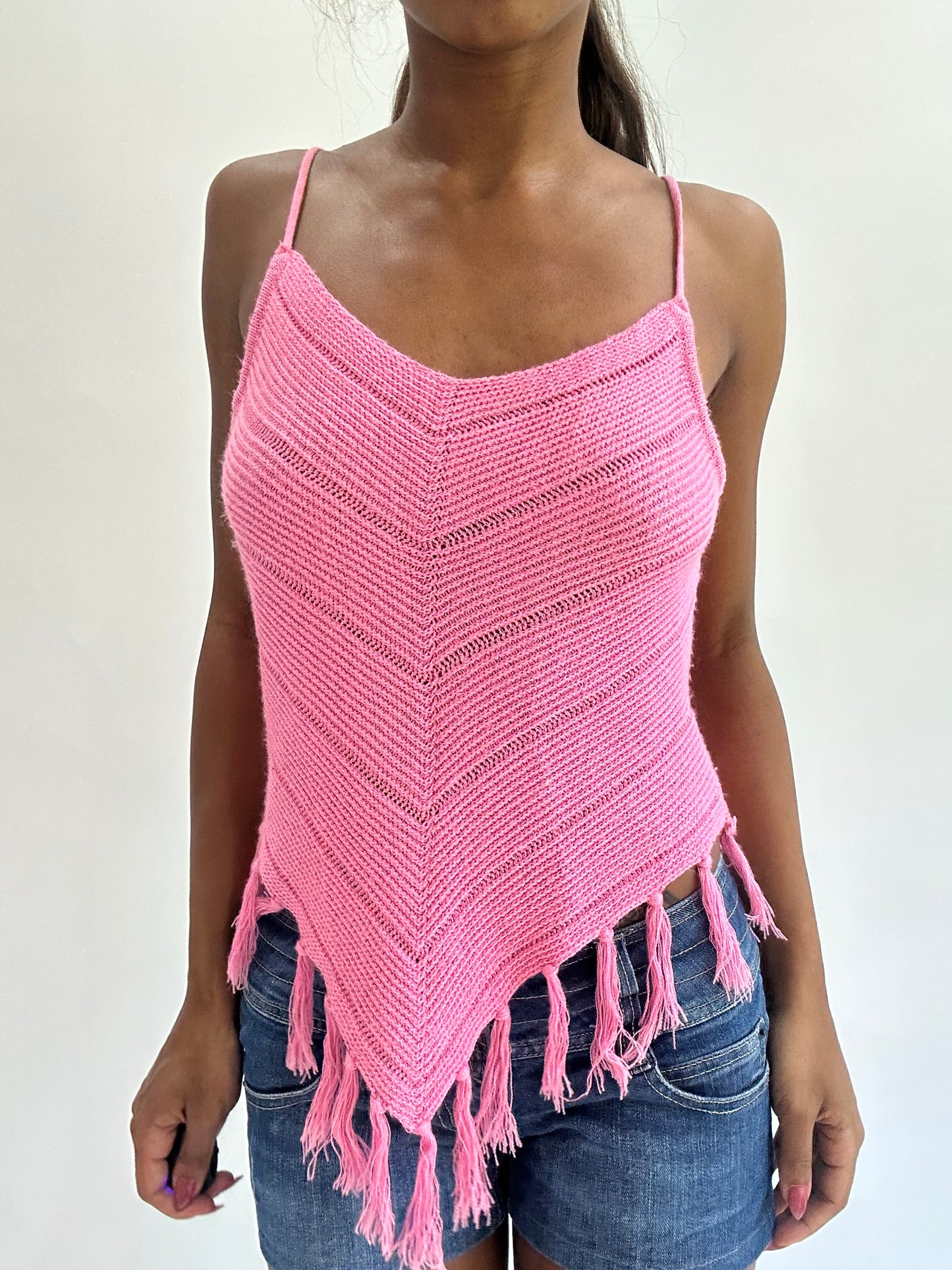 colourmaxxing drop | small pink tassel fringe cami top