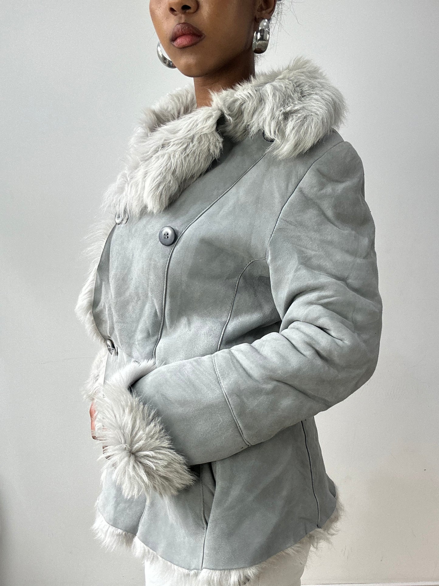 vintage edit thirty-two | small grey suede style jacket with fur lining and oversized buttons