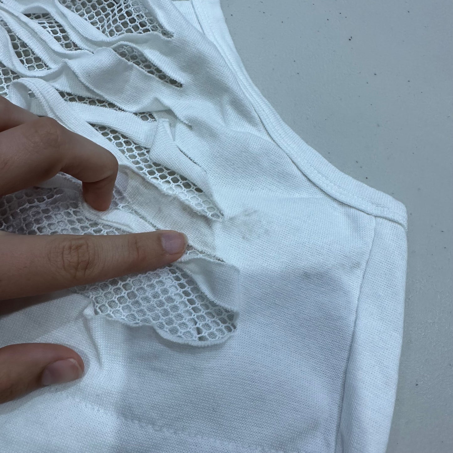 AMELIA GRAY DROP | small white fishnet ripped halterneck top