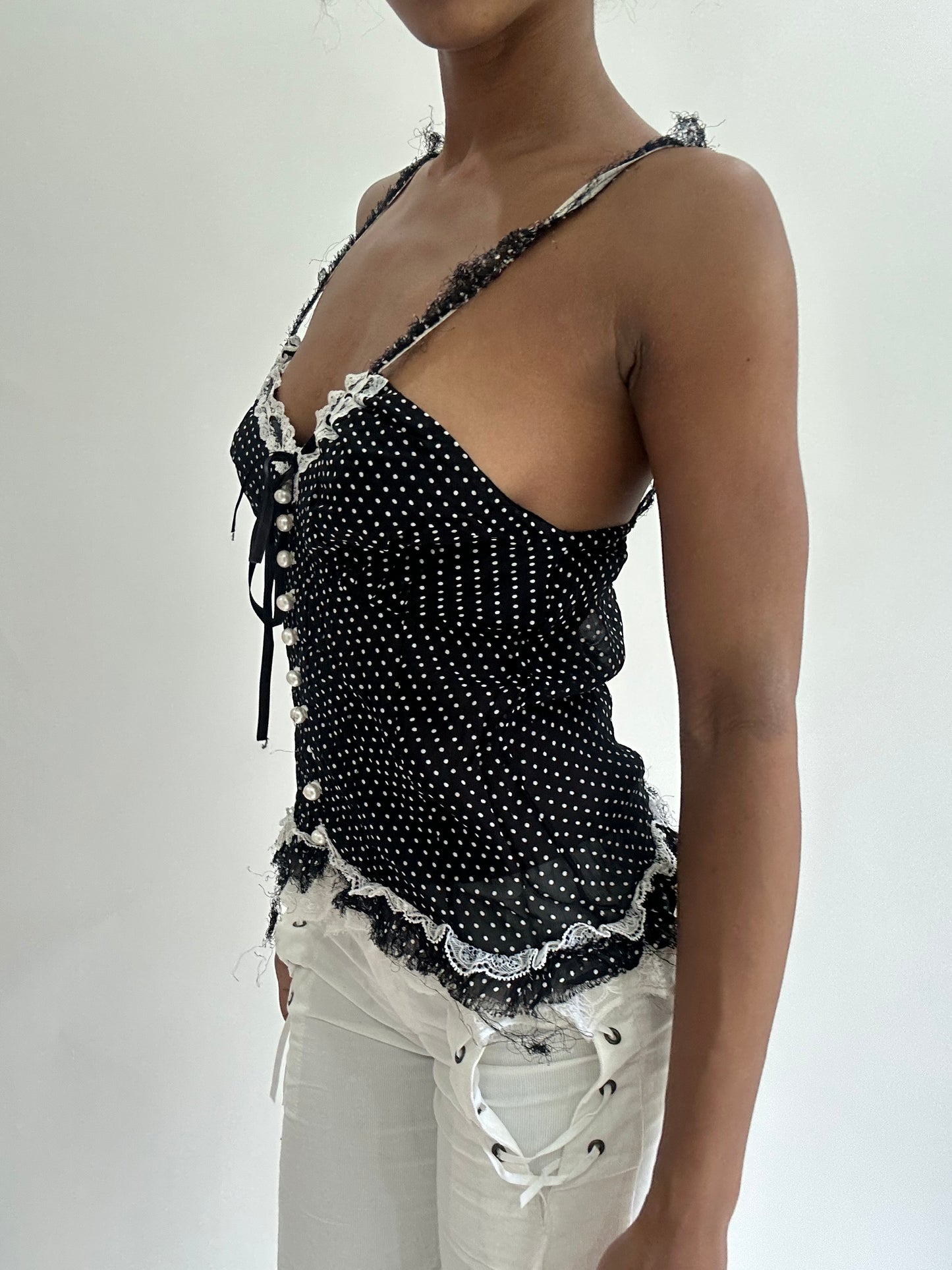 olivia rodrigo drop | small black and white polka dot cami top
