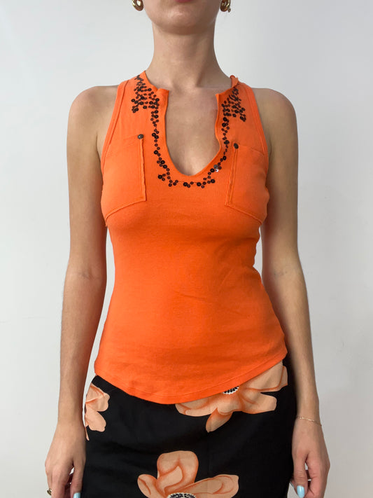 vintage edit thirty | small orange v neck vest with sequin trim