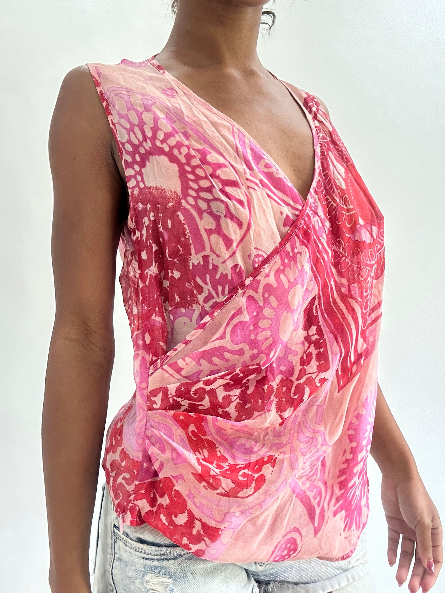 zara larsson drop | small pink mesh overlay patterned top