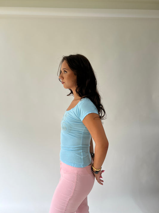 SATC drop | medium baby blue DKNY jeans top