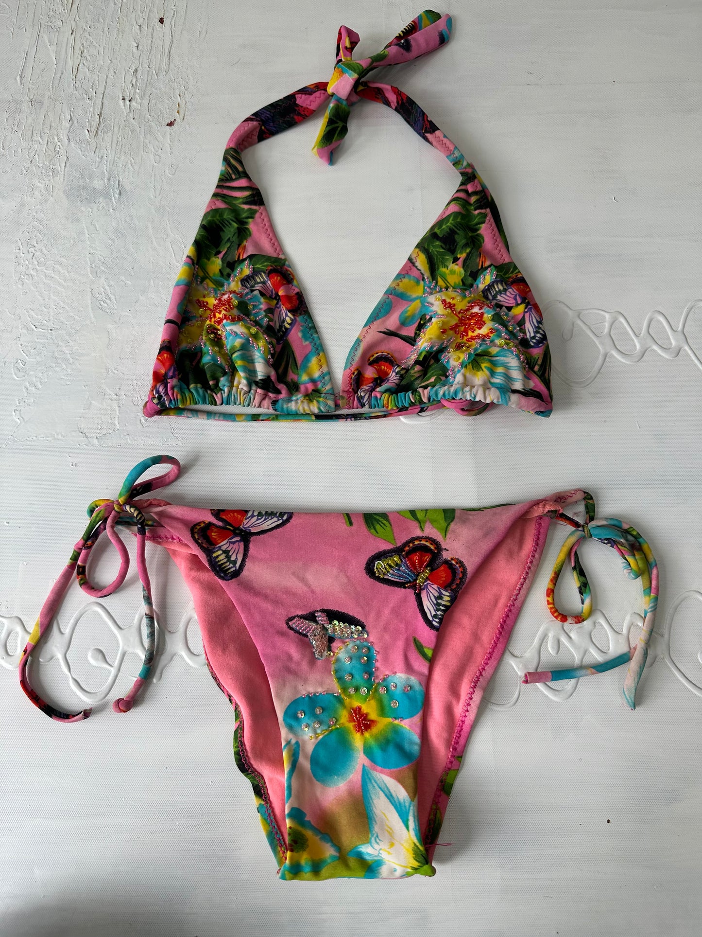 vintage edit twenty-seven | medium pink butterfly bikini set with beading and sequins