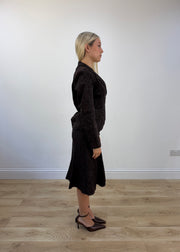 small brown floral embroidered blazer and skirt set