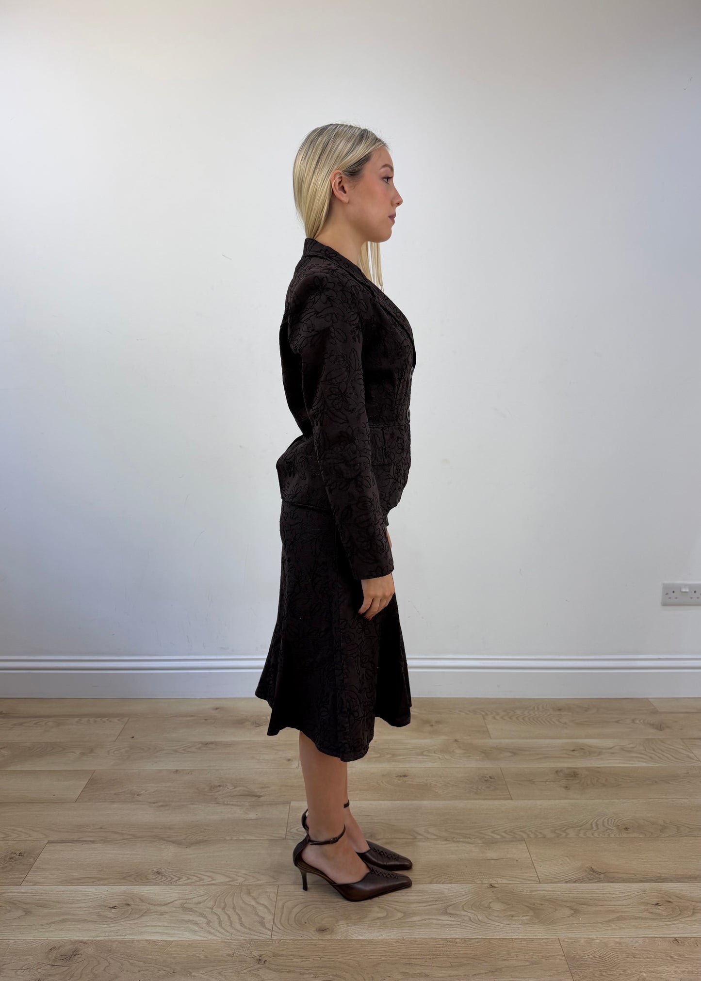 small brown floral embroidered blazer and skirt set