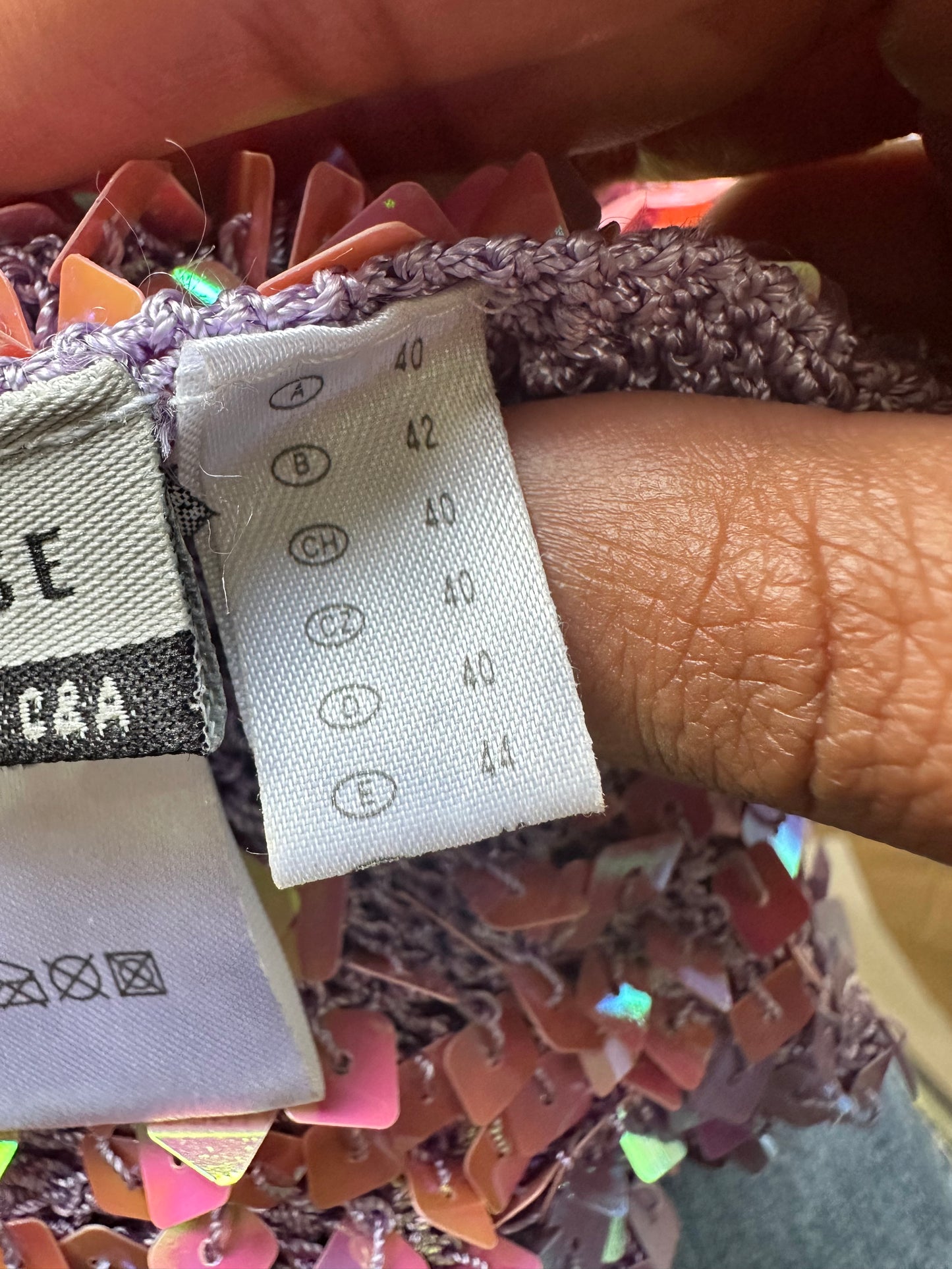 LFW edit | small crochet pink and purple sequin iridescent vest