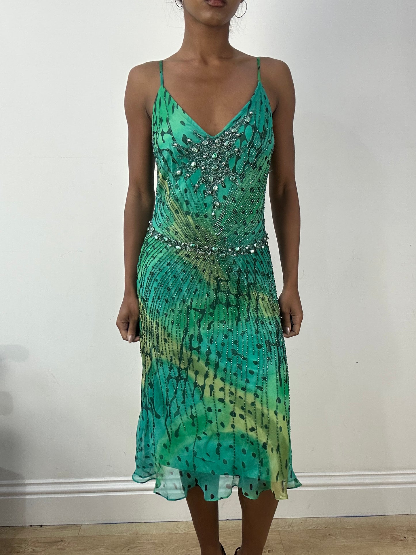 BEST PICKS | medium teal green silk midi dress with beading details