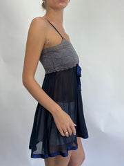 COASTAL COWGIRL DROP |small navy sheer slip dress with grey lace top and navy ribbon
