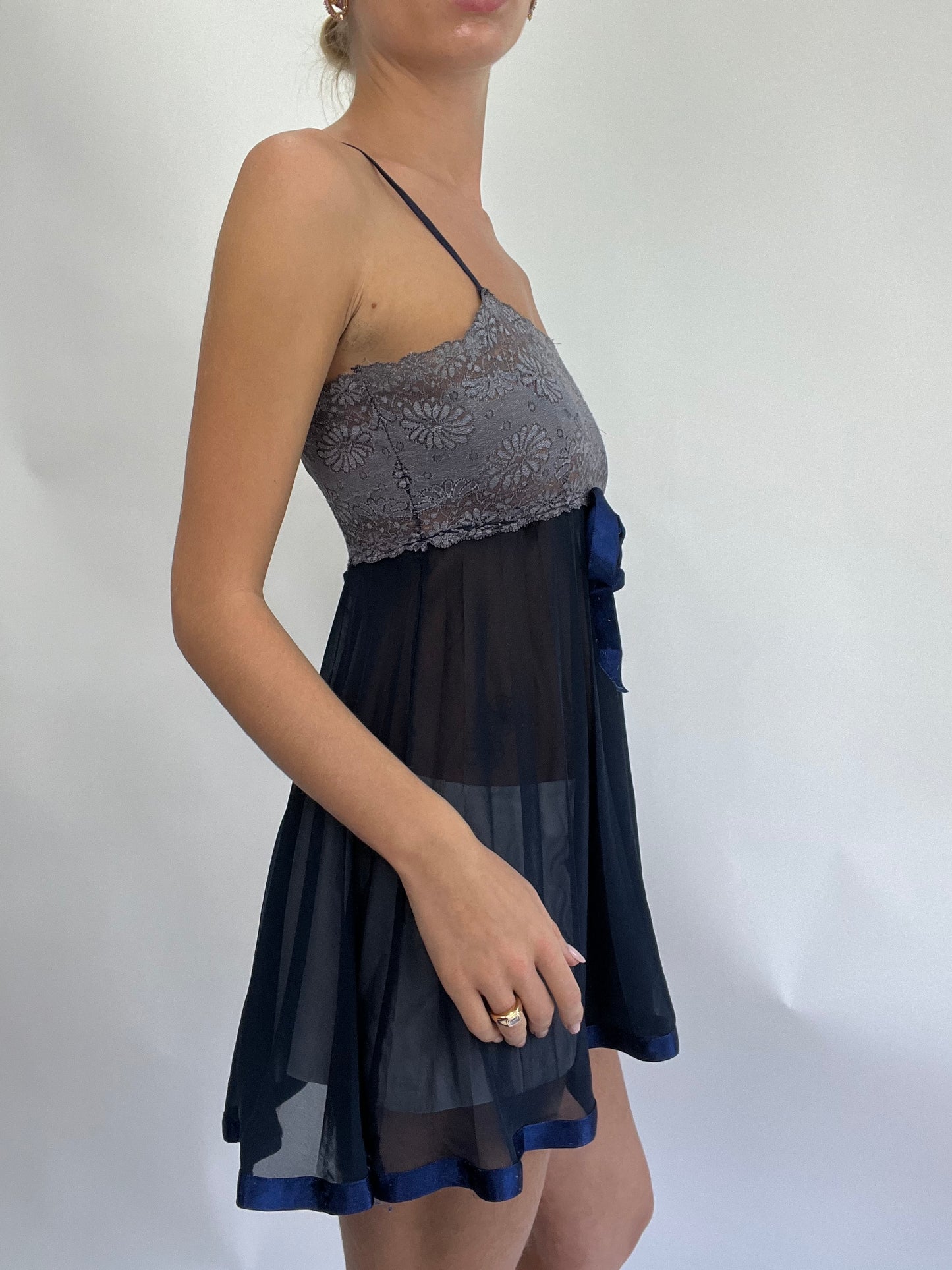 COASTAL COWGIRL DROP |small navy sheer slip dress with grey lace top and navy ribbon