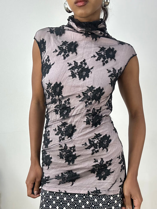 vintage edit: halloween | small purple high neck top with black lace overlay