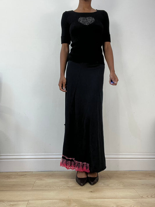AUTUMN EDIT | extra small black maxi skirt with pink tulle lace hem