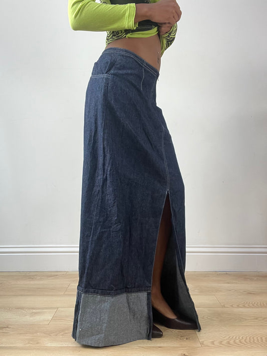 LFW edit | small blue denim maxi skirt with leg slit detail