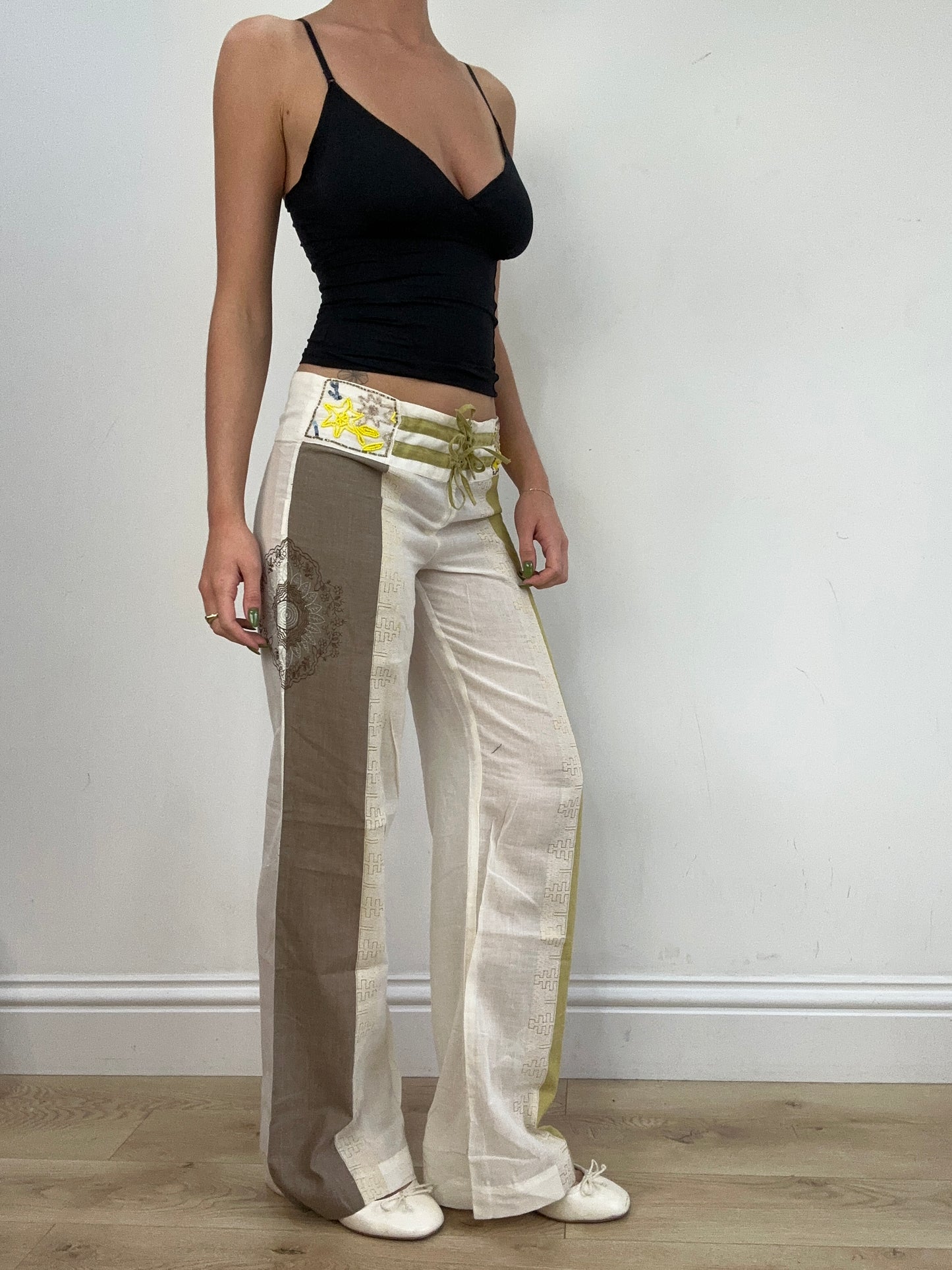vintage edit seventeen | small white and green linen beaded trousers
