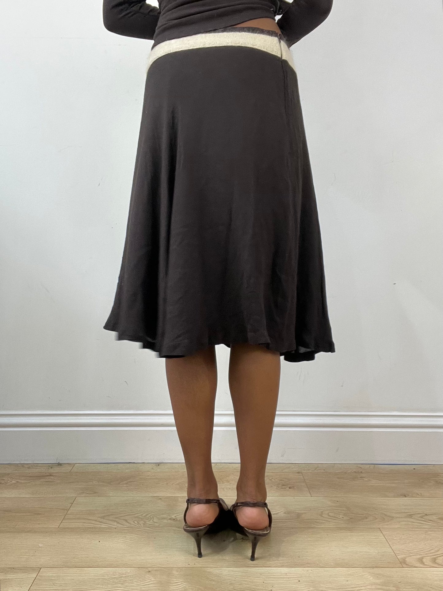 vintage edit thirty-four | small brown midi skirt with knit waistband