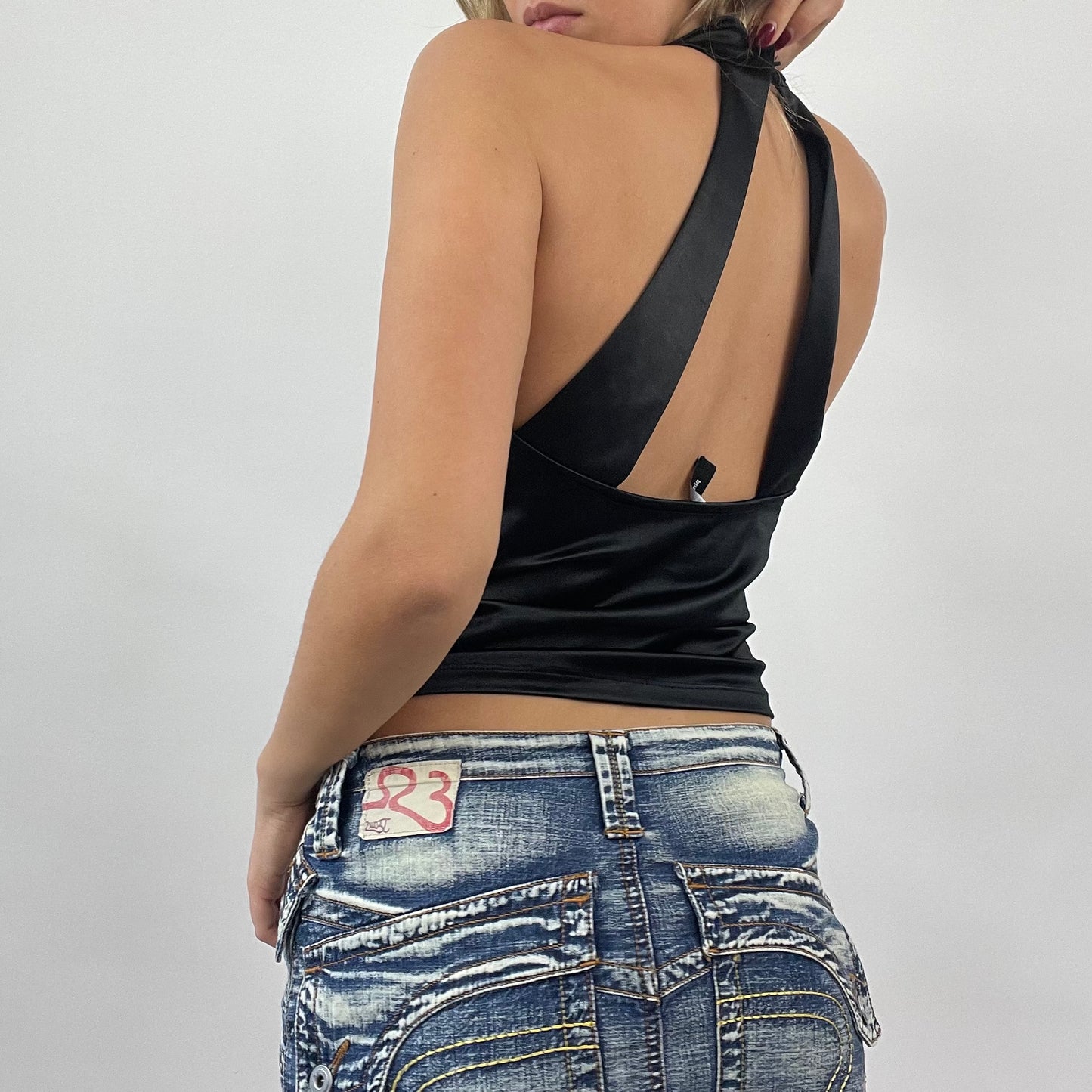 JEANS AND A NICE TOP DROP | large black silky halterneck top